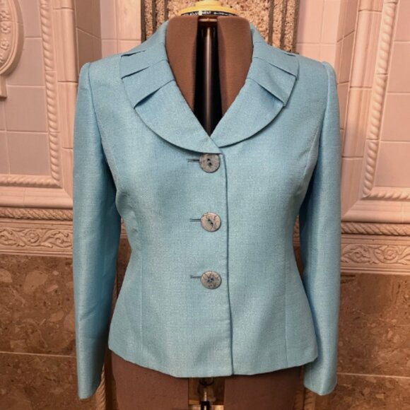 Le Suit Jacket Size 12P. Blue Lined Long Sleeve. Pleated Collar Button Up. DD - Picture 1 of 6